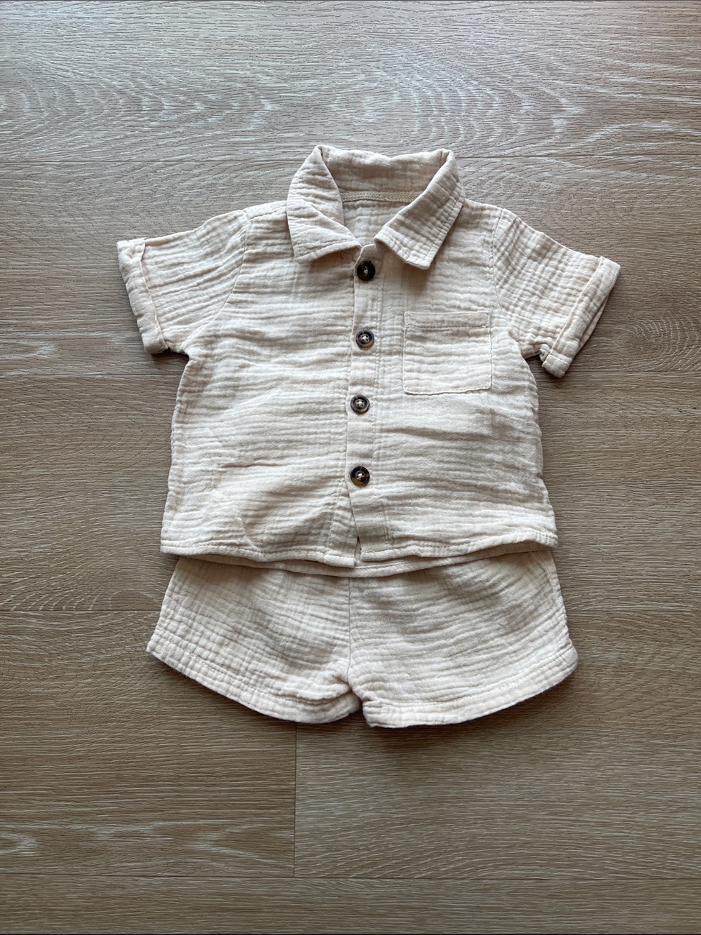 UNBRANDED Cream Muslin Button-Up Shirt & Shorts Set For Baby Size 18 Months